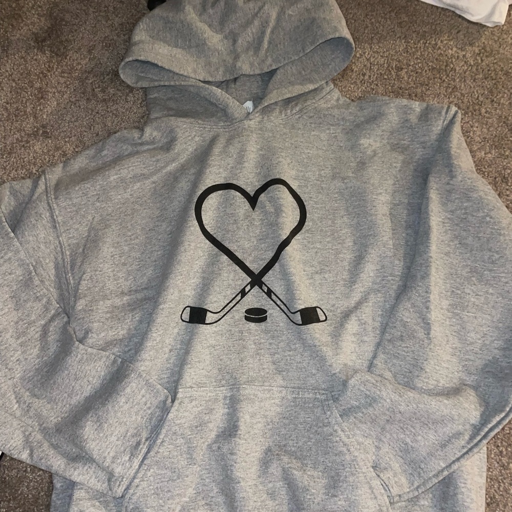Gray Hoodie with Heart and Hockey Sticks Design